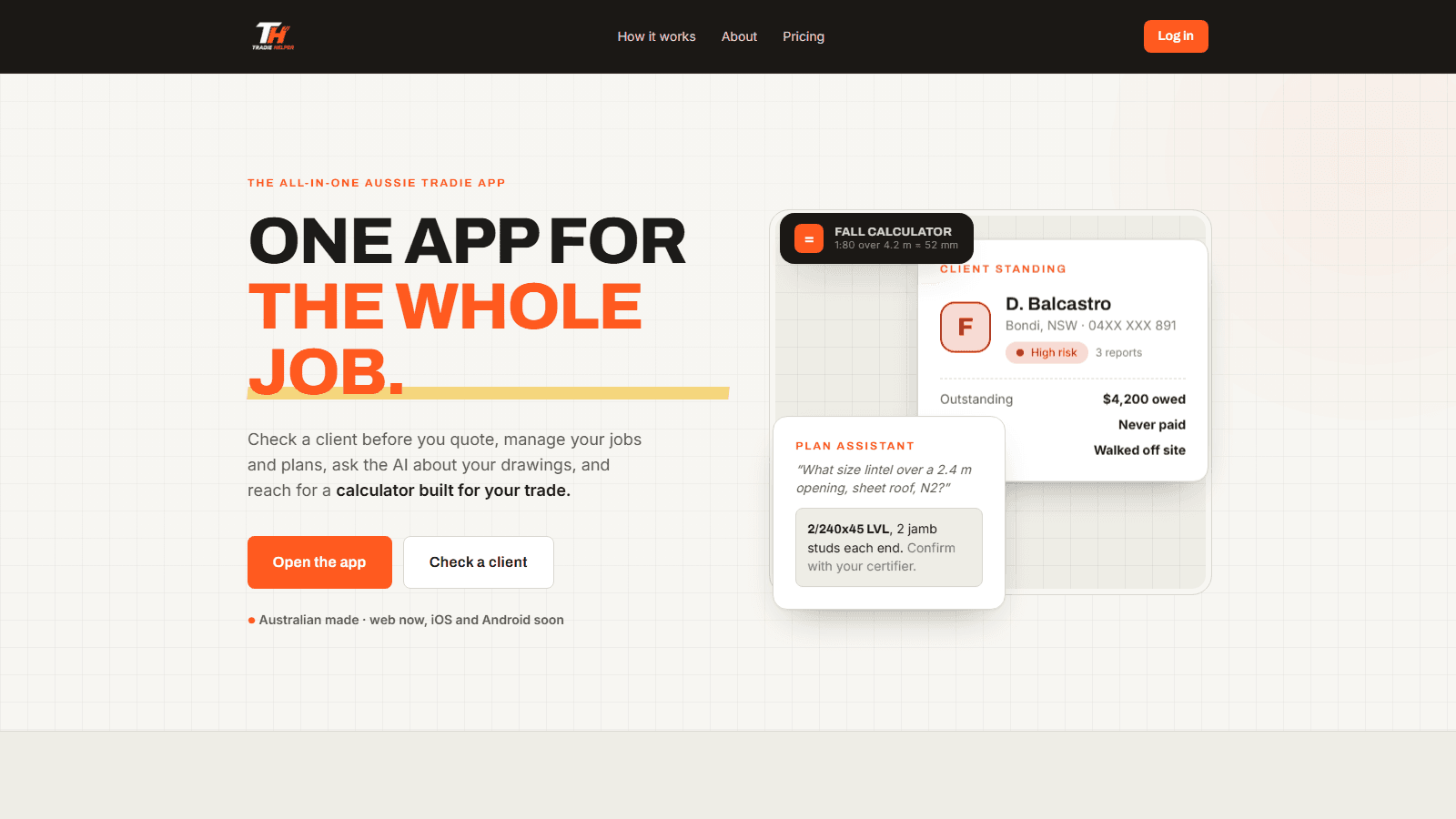 Tradie Helper - The all-in-one Aussie tradie app: client checks, job management, AI plan help and trade calculators.